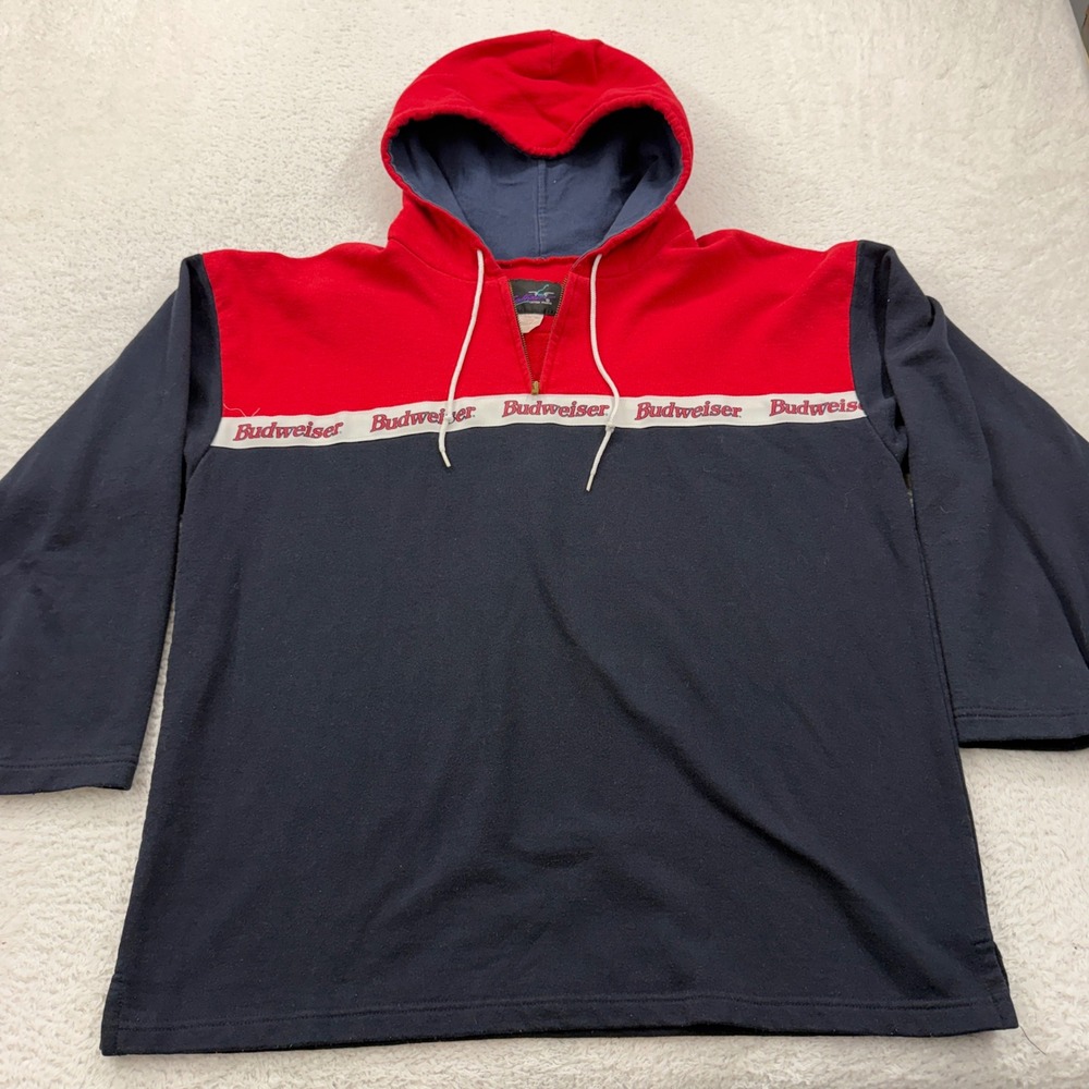 VTG Budweiser Hoodie Red Blue Quarter Zip Long Sleeve Men's Casual Athleisure L